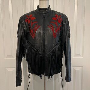 Vintage UNIK, Black Leather Moto Western Jacket with Red Roses & Fringe, Size L